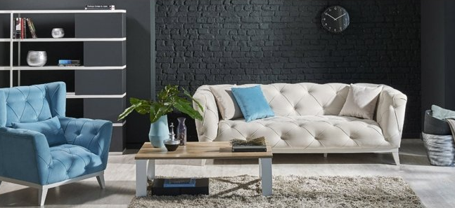 مبل راحتی چستر پارچه ای چرم  لمسه سفید آبی